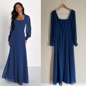 Stunning Behavior Dark Blue Square Neck Long Sleeve Maxi Dress